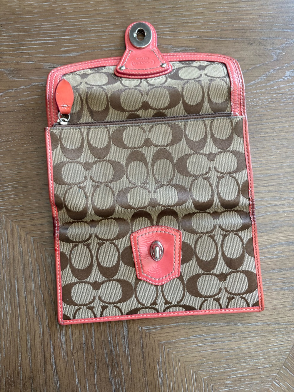 Coach Brown Signature Canvas Wallet with Coral Trim - Picture 2 of 4